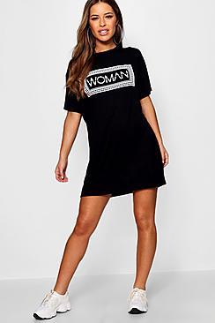 Boohoo Petite Beth Woman Box Slogan T-shirt Dress