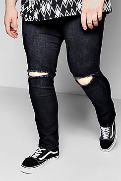 Boohoo Big And Tall Black Ripped Knee Skinny Jeans