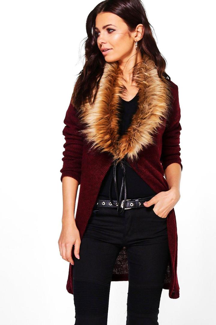 Boohoo Annabelle Faux Fur Collar Cardigan Wine