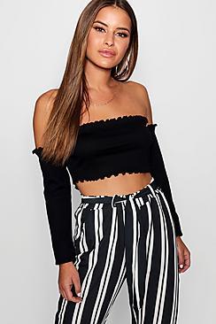 Boohoo Petite Ribbed Lettuce Hem Long Sleeve Crop Top
