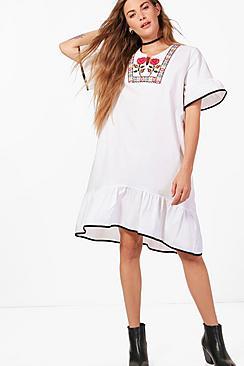 Boohoo Alana Embroidered Drop Hem Ruffle Shift Dress