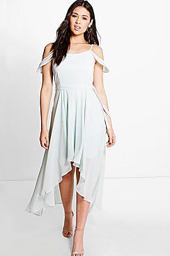 Boohoo Nishi Chiffon Frill Open Shoulder Dip Hem Dress