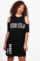 Boohoo Plus Kelly Open Shoulder Printed T-shirt Dress Black