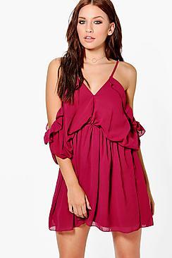Boohoo Mora Chiffon Open Shoulder Skater Dress
