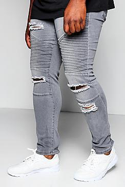 Boohoo Big And Tall Grey Skinny Fit Ripped Biker Jeans