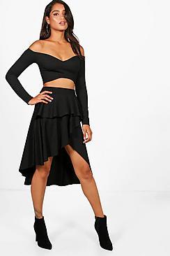 Boohoo Lily Off The Shoulder Crop And Ruffle Skirt Set
