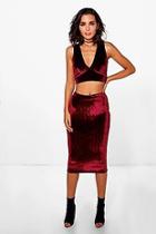 Boohoo Sara Velvet Plunge Crop And Midi Skirt Co-ord