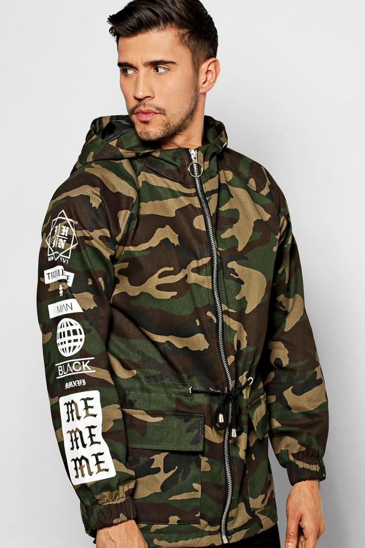 Boohoo Camo Drawstring Hooded Parka With Sleeve Print Camo