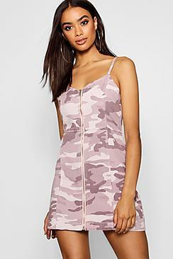 Boohoo Camo Zip Front Strappy Denim Dress