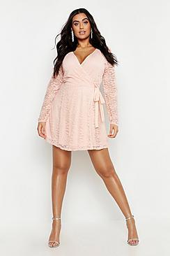 Boohoo Plus Lace Wrap Tie Side Skater Dress
