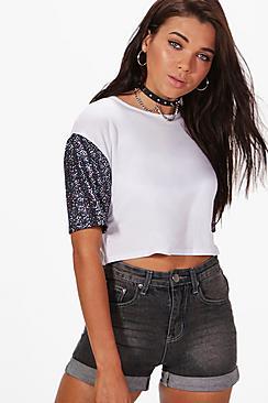 Boohoo Petite Emma Glitter Sleeve Crop Tee