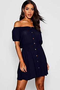 Boohoo Button Through Bardot Shift Dress