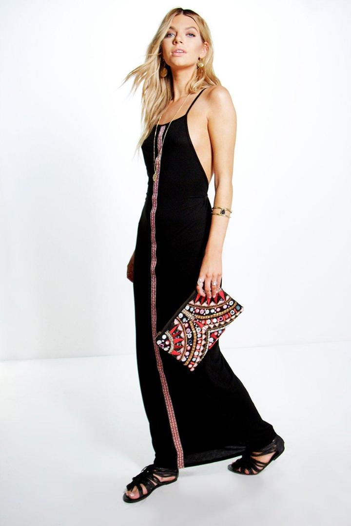 Boohoo Savannah Tape Front Ethnic Maxi Dress Black