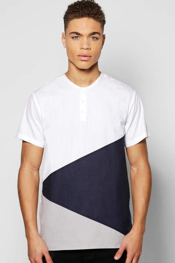Boohoo Short Sleeve Splice Grandad Shirt Navy