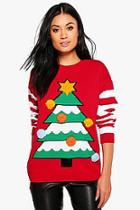 Boohoo Keira 3d Christmas Tree & Stripe Sleeve Jumper