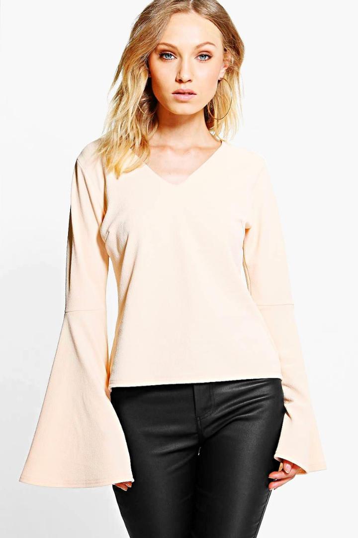 Boohoo Sarah Texture Flare Sleeve V Neck Top Blush