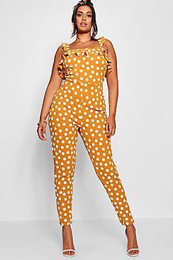 Boohoo Plus Polka Dot Ruffle Jumpsuit
