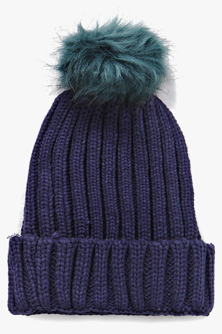 Boohoo Lauren Faux Fur Pom Beanie Hat Teal