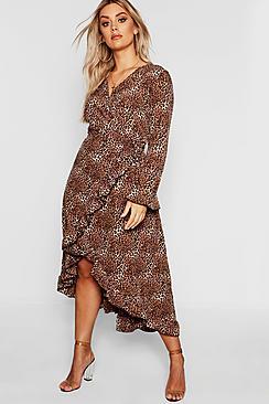 Boohoo Plus Wrap Leopard Midi Dress