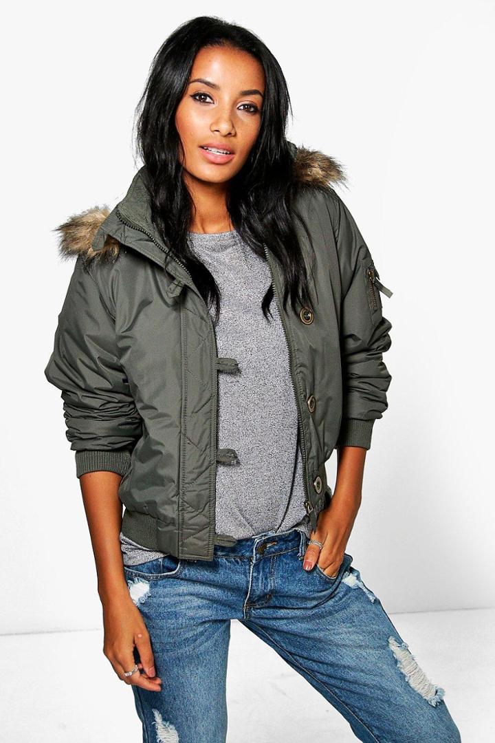 Boohoo Emma Padded Parka Bomber Jacket Khaki