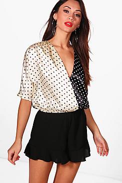 Boohoo Petite Gemma Mixed Spot Print Wrap Blouse