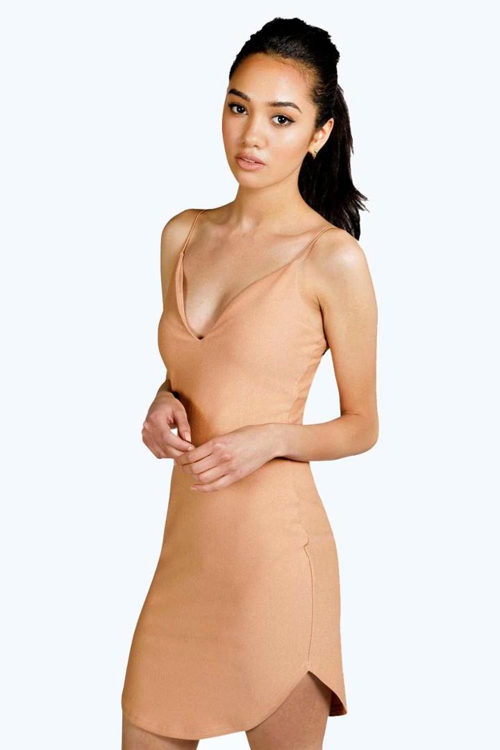 Boohoo Petite Eva Plunge Neck Bodycon Dress Camel