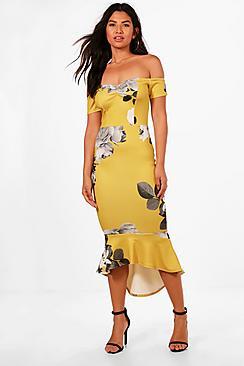 Boohoo Vi Floral Off The Shuolder Frill Hem Midi Dress