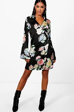 Boohoo Megan Premium Oriental Floral Wrap Kimono Dress