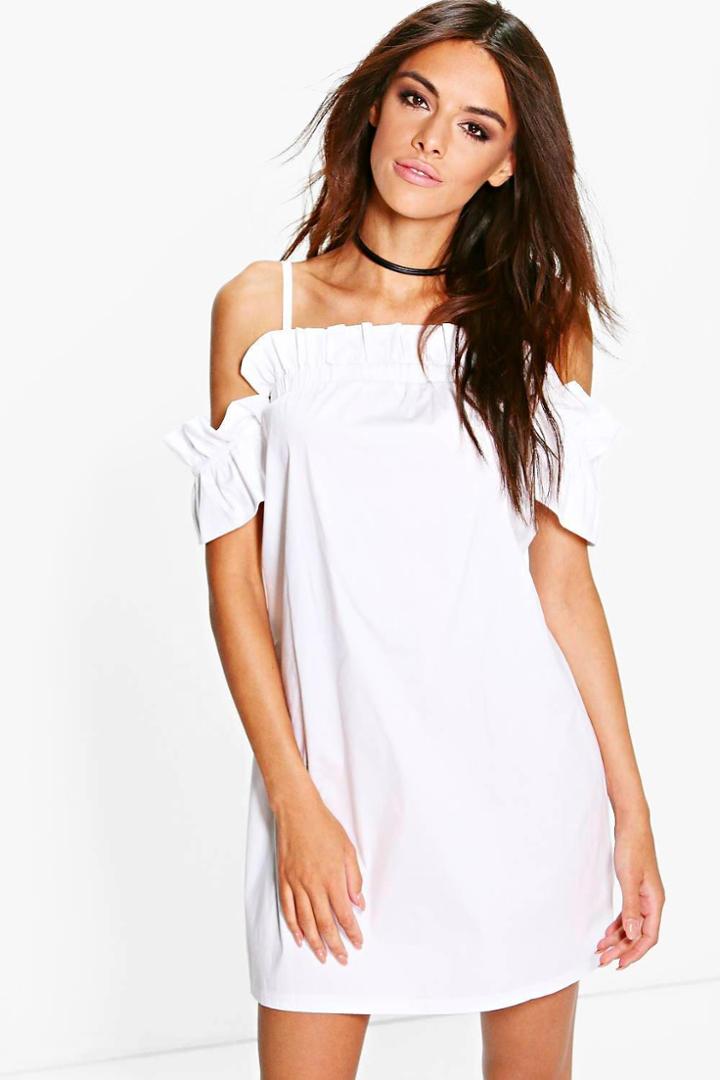 Boohoo Fi Ruched Strappy Off Shoulder Shift Dress White
