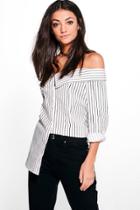 Boohoo Tall Aya Striped Off The Shoulder Woven Top White