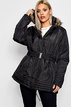 Boohoo Plus Keely Fur Hood Belted Parka