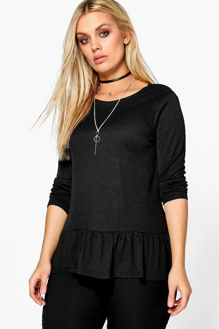 Boohoo Plus Issy Soft Ribbed Ruffle Hem Jumper Black