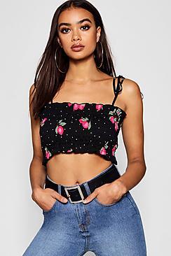 Boohoo Fruit Print Shirred Strappy Crop Top