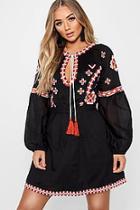Boohoo Maggie Embroidered Tie Smock Dress