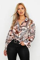 Boohoo Plus Satin Chain Print Cowl Neck Shirt