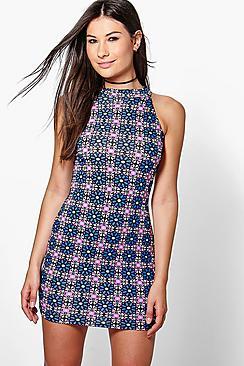 Boohoo Lily High Neck Printed Mini Dress