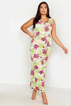 Boohoo Plus Floral Palm Scoop Neck Maxi Dress