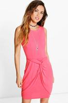 Boohoo Hedvig Knot Front Wrap Bodycon Dress Coral