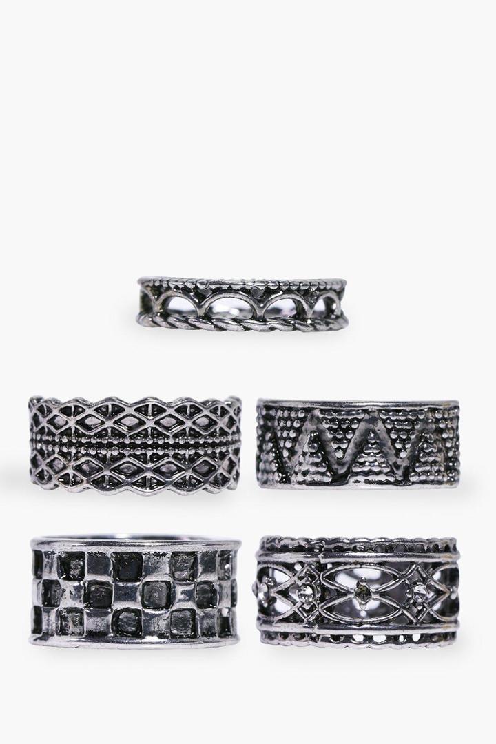 Boohoo Evie Mixed Filigree Metal Ring 5 Pack Silver