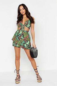 Boohoo Tropical Print Tie Front & Ruffle Short Co-ord