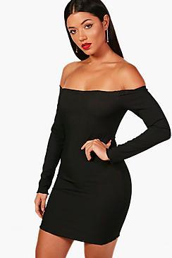 Boohoo Nay Ruffle Hem Off The Shoulder Bodycon Dress