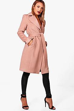 Boohoo Frankie Belted Wool Look Coat With Zip Detail