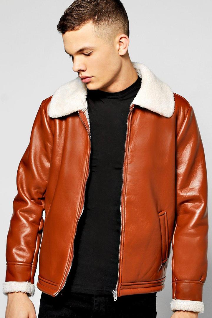 Boohoo Pu Aviator Jacket Fully Borg Lined Tan