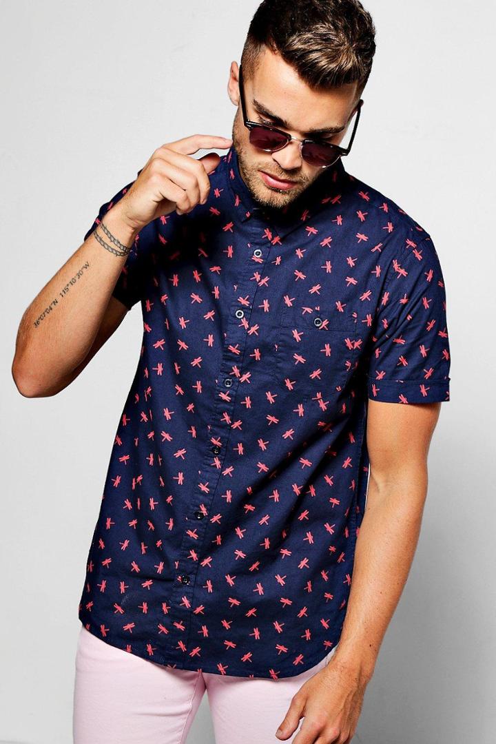 Boohoo Navy Short Sleeve Dragonfly Print Shirt Navy