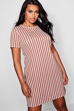 Boohoo Plus Stripe Tan Cap Sleeve Shift Dress