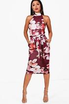 Boohoo Josey High Neck Tie Waist Floral Midi Dress