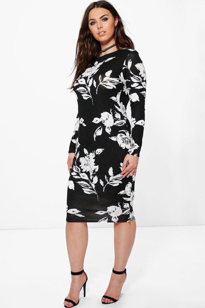 Boohoo Plus Lottie Floral Mono Printed Midi Bodycon Dress Multi
