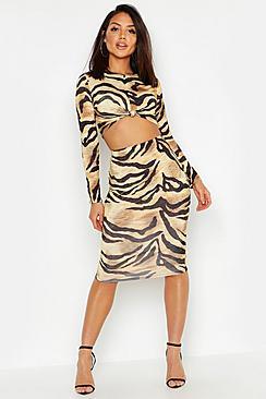 Boohoo Slinky Tiger Print Midi Skirt