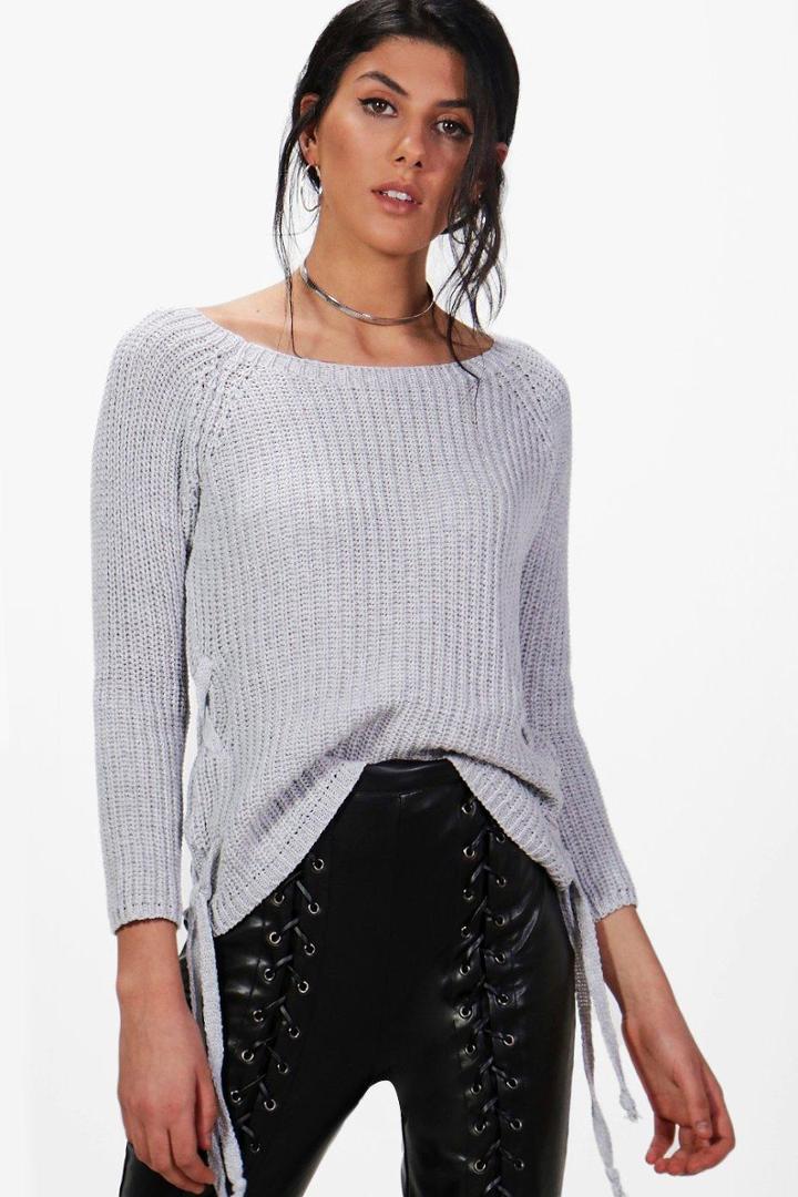 Boohoo Lucy Lace Up Jumper Grey