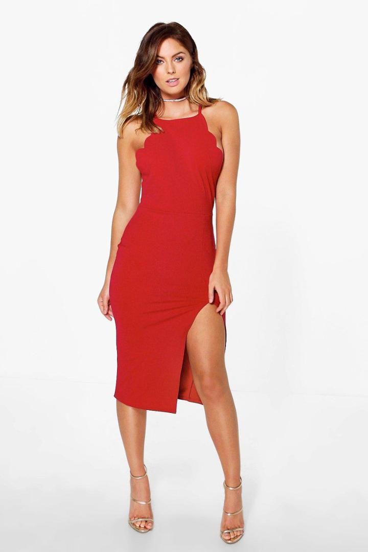 Boohoo Hazel Scallop Detail Midi Dress Scarlet